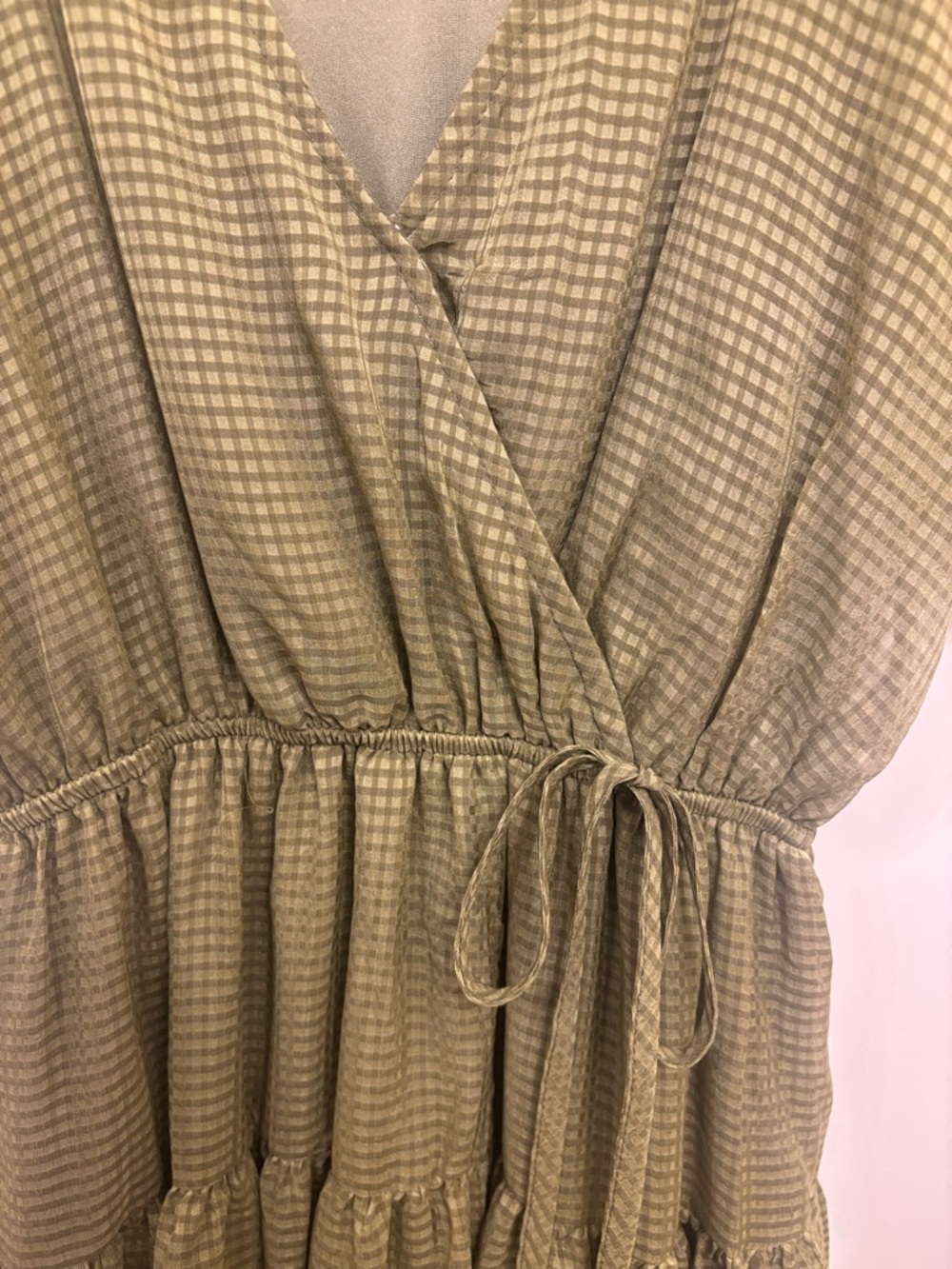 Moon River Olive Green Wrap-Style Midi Dress with Puff Sleeves modest summer - Picture 3 of 4